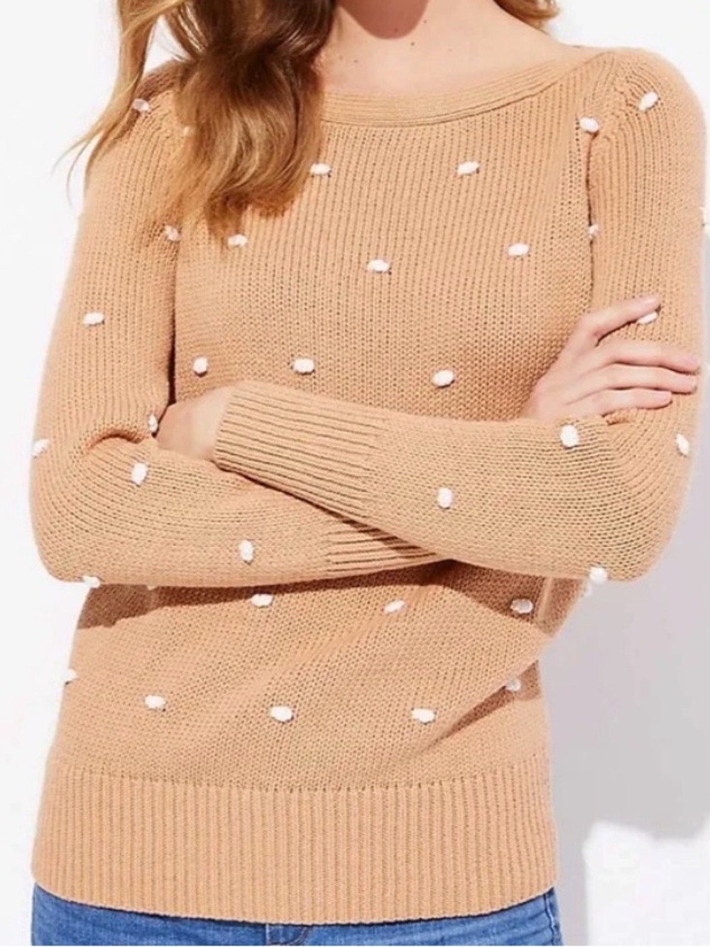 LOFT Bobble Stitch Sweater in a camel/tan color with white pom-pom S
